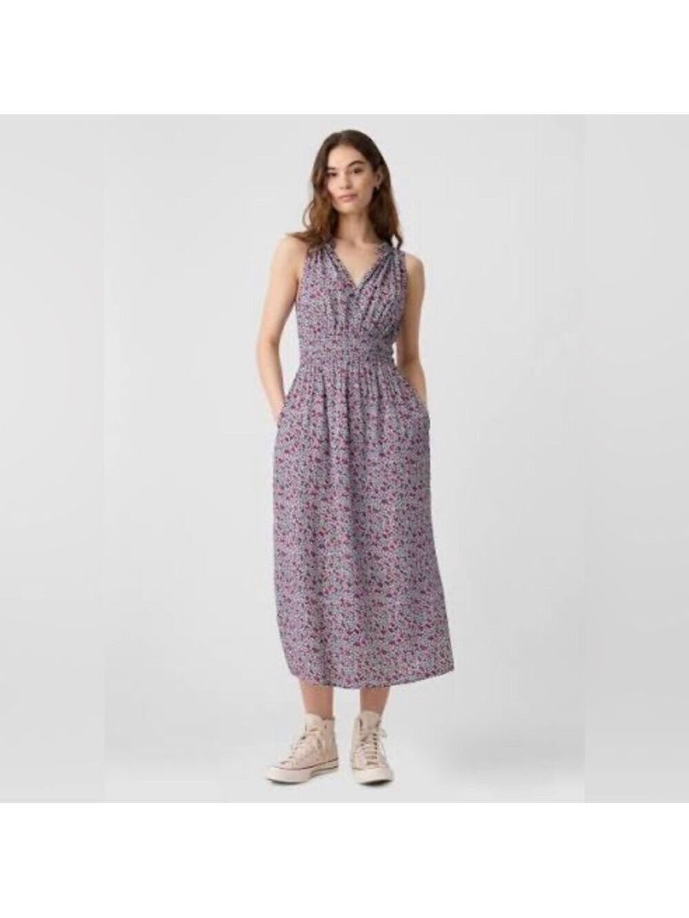 Gap Spring Ditsy Floral Print Split Neck Summer Maxi Dress Cottagecore Beachy